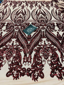 4 Way Stretch Fabric - Burgundy - Fancy Pattern Design Sequins Fashion Fabric Mesh By Yard