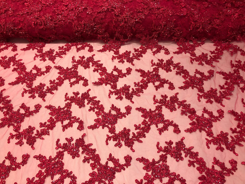 Beaded - Fuschia  - Embroided Small Flower Fabric with Decorated Borders - Sold by The Yard