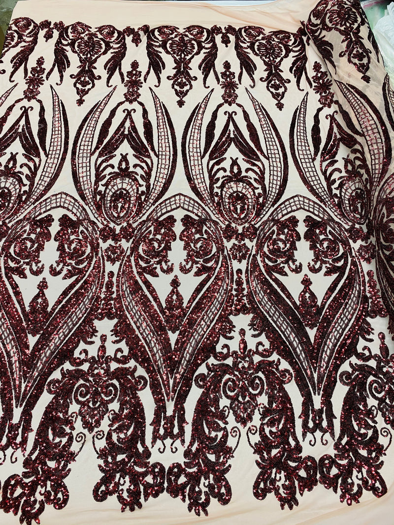 4 Way Stretch Fabric - Burgundy - Fancy Pattern Design Sequins Fashion Fabric Mesh By Yard