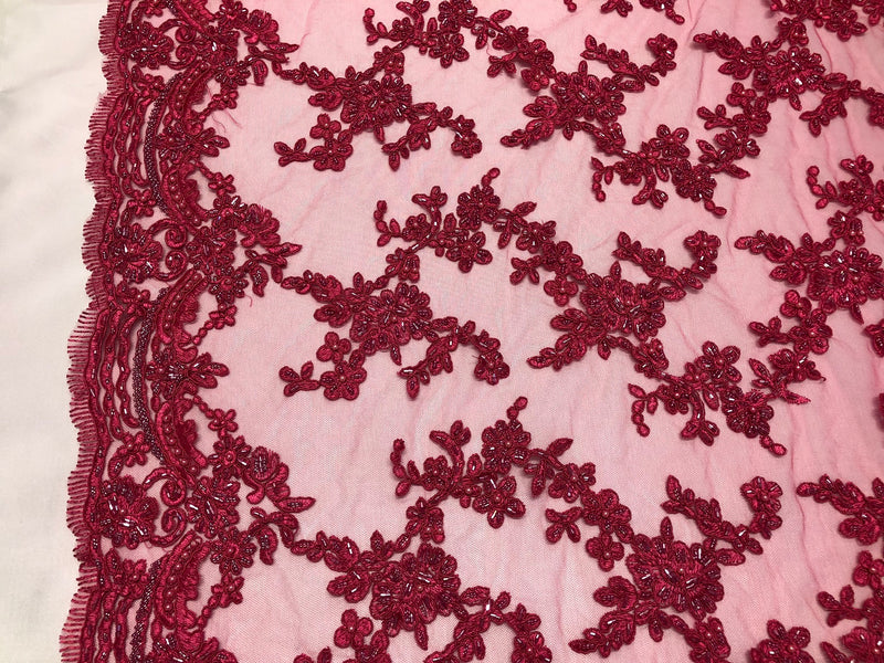 Beaded - Fuschia  - Embroided Small Flower Fabric with Decorated Borders - Sold by The Yard