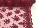 Burgundy Hand Beaded Embroidered Floral Fabric Lace Bridal Wedding Designs By The Yard
