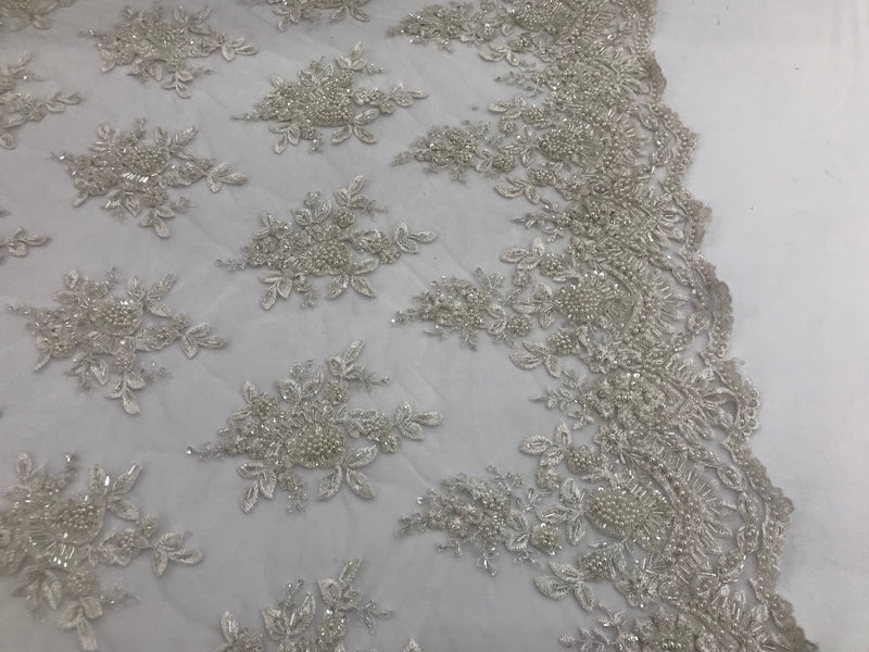 Off-White Hand Beaded Embroidered Floral Fabric Lace Bridal Wedding Designs By The Yard