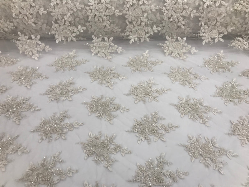 Off-White Hand Beaded Embroidered Floral Fabric Lace Bridal Wedding Designs By The Yard