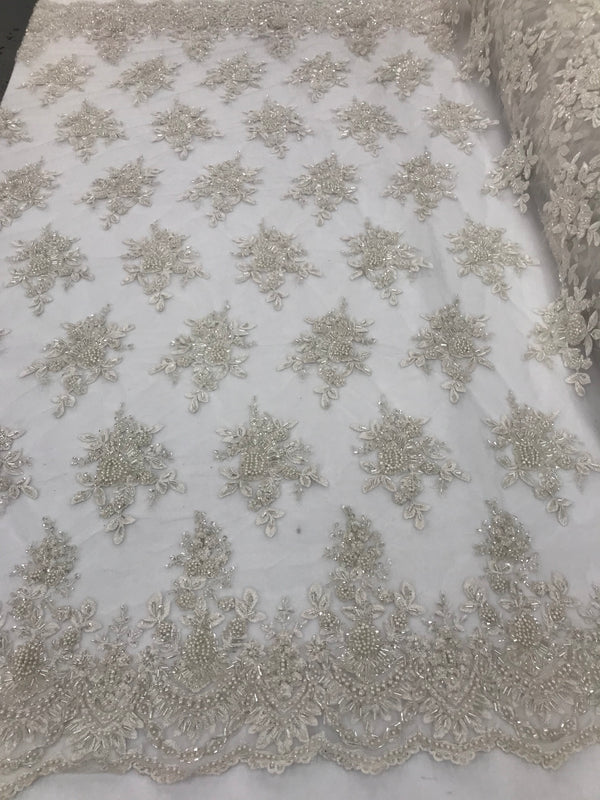 Off-White Hand Beaded Embroidered Floral Fabric Lace Bridal Wedding Designs By The Yard