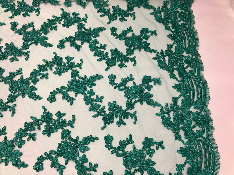 Beaded - Teal - Embroided Small Flower Fabric with Decorated Borders - Sold by The Yard