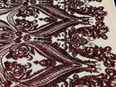 4 Way Stretch Fabric - Burgundy - Fancy Pattern Design Sequins Fashion Fabric Mesh By Yard