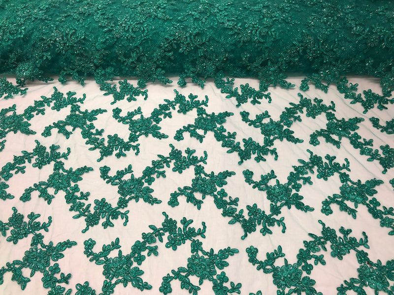 Beaded - Teal - Embroided Small Flower Fabric with Decorated Borders - Sold by The Yard
