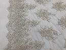 Off-White Hand Beaded Embroidered Floral Fabric Lace Bridal Wedding Designs By The Yard