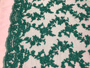 Beaded - Teal - Embroided Small Flower Fabric with Decorated Borders - Sold by The Yard