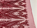 Lace Fabric - Burgundy - Fancy Damask Pattern Sequins Design Fashion Fabric