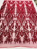 Lace Fabric - Burgundy - Fancy Damask Pattern Sequins Design Fashion Fabric