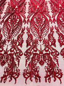 Lace Fabric - Burgundy - Fancy Damask Pattern Sequins Design Fashion Fabric