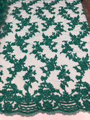 Beaded - Teal - Embroided Small Flower Fabric with Decorated Borders - Sold by The Yard