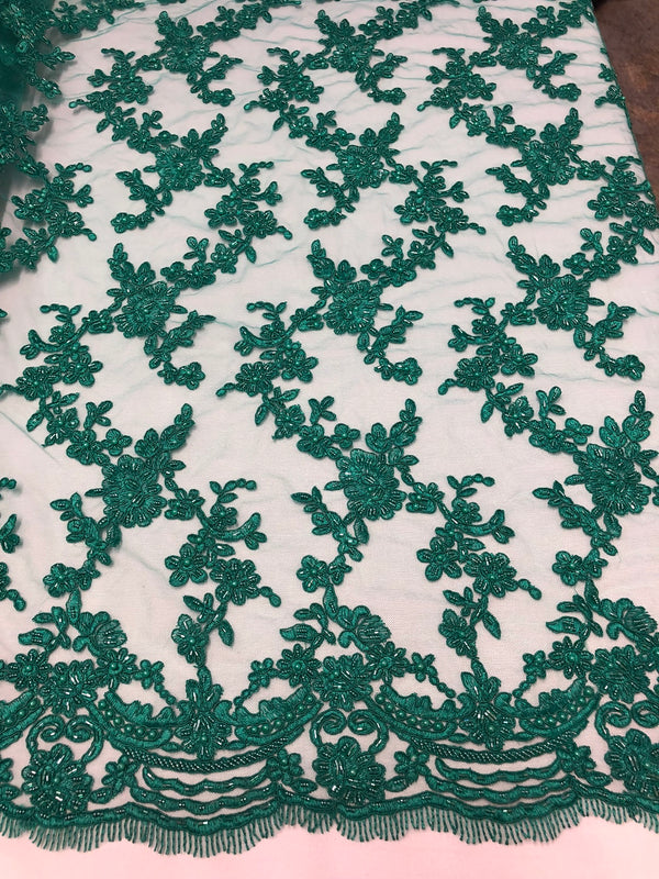 Beaded - Teal - Embroided Small Flower Fabric with Decorated Borders - Sold by The Yard