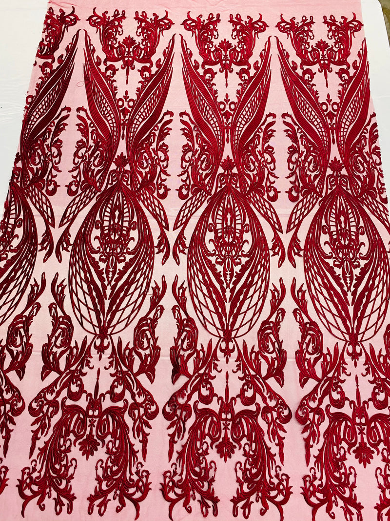 Lace Fabric - Burgundy - Fancy Damask Pattern Sequins Design Fashion Fabric