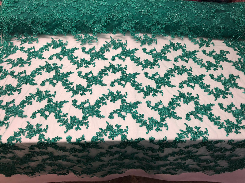 Beaded - Teal - Embroided Small Flower Fabric with Decorated Borders - Sold by The Yard
