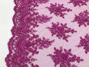 Magenta Hand Beaded Embroidered Floral Fabric Lace Bridal Wedding Designs By The Yard