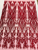 Lace Fabric - Burgundy - Fancy Damask Pattern Sequins Design Fashion Fabric