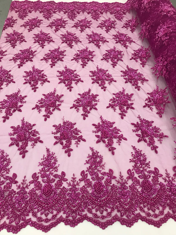 Magenta Hand Beaded Embroidered Floral Fabric Lace Bridal Wedding Designs By The Yard
