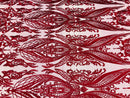 Lace Fabric - Burgundy - Fancy Damask Pattern Sequins Design Fashion Fabric