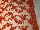 Beaded - Orange - Embroided Small Flower Fabric with Decorated Borders - Sold by The Yard