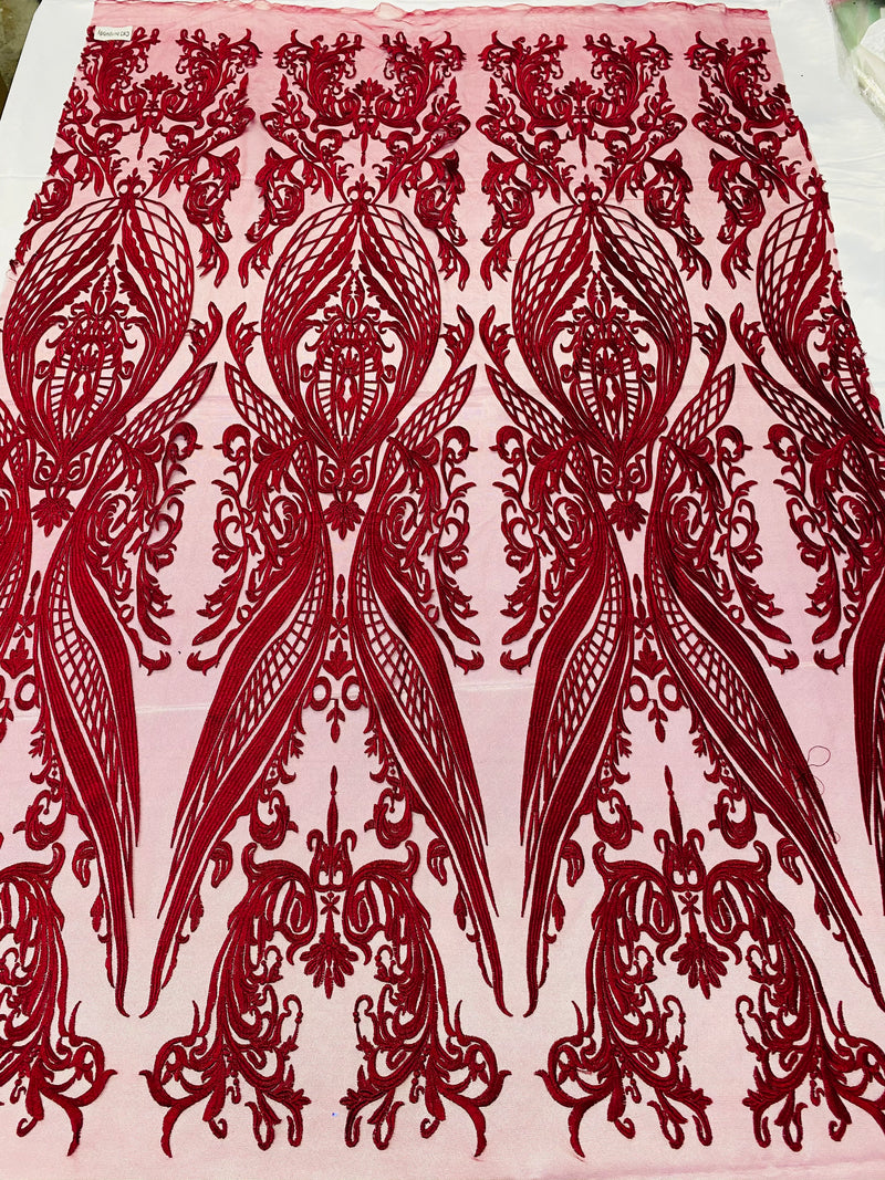 Lace Fabric - Burgundy - Fancy Damask Pattern Sequins Design Fashion Fabric