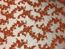 Beaded - Orange - Embroided Small Flower Fabric with Decorated Borders - Sold by The Yard