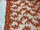 Beaded - Orange - Embroided Small Flower Fabric with Decorated Borders - Sold by The Yard