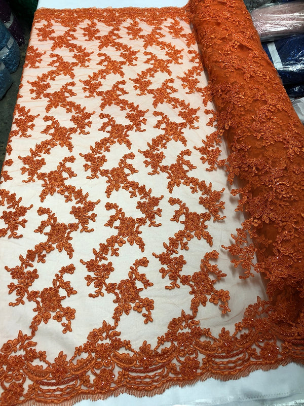 Beaded - Orange - Embroided Small Flower Fabric with Decorated Borders - Sold by The Yard