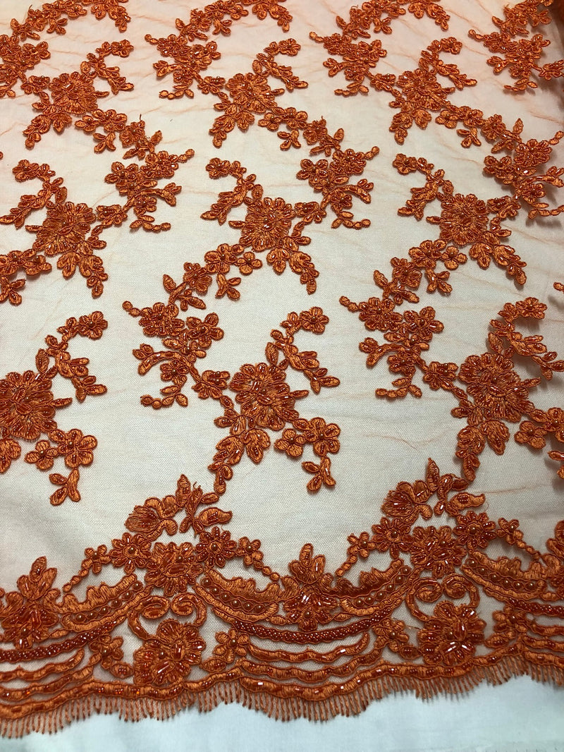 Beaded - Orange - Embroided Small Flower Fabric with Decorated Borders - Sold by The Yard