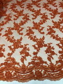 Beaded - Orange - Embroided Small Flower Fabric with Decorated Borders - Sold by The Yard