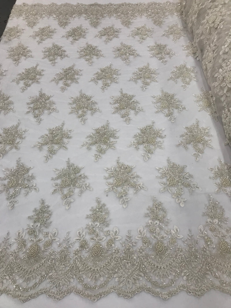 Ivory Hand Beaded Embroidered Floral Fabric Lace Bridal Wedding Designs By The Yard