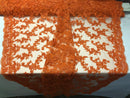 Beaded - Orange - Embroided Small Flower Fabric with Decorated Borders - Sold by The Yard
