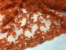 Beaded - Orange - Embroided Small Flower Fabric with Decorated Borders - Sold by The Yard