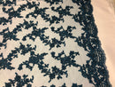 Beaded - Navy - Embroided Small Flower Fabric with Decorated Borders - Sold by The Yard