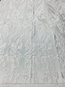 Lace Fabric - White - Fancy Damask Pattern Sequins Design Fashion Fabric