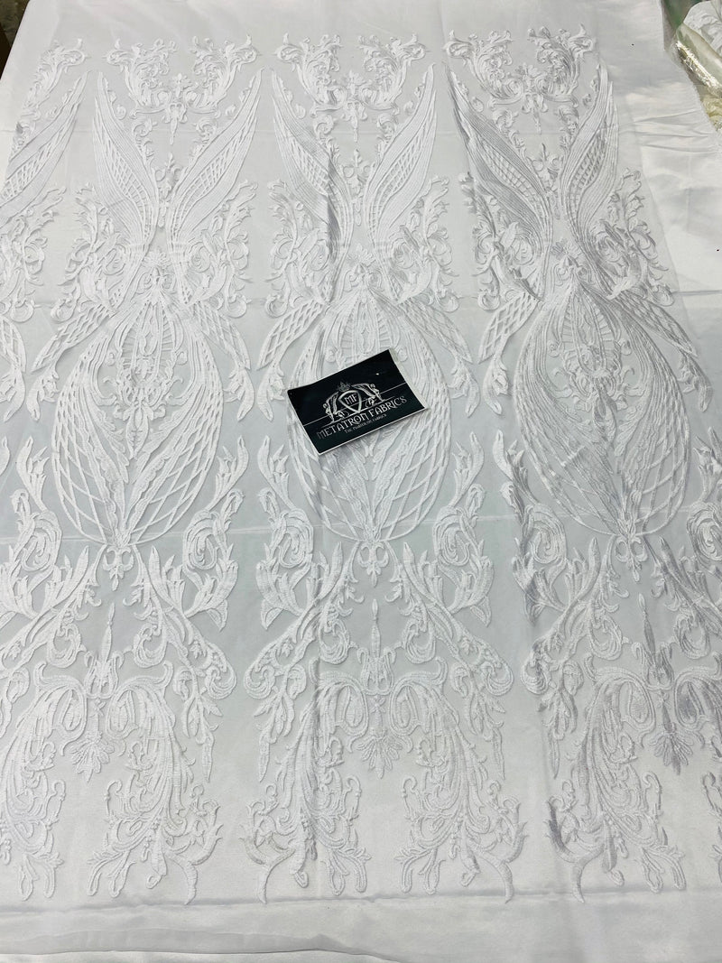 Lace Fabric - White - Fancy Damask Pattern Sequins Design Fashion Fabric