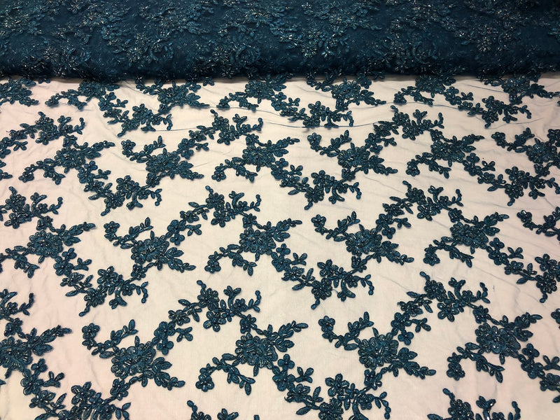 Beaded - Navy - Embroided Small Flower Fabric with Decorated Borders - Sold by The Yard