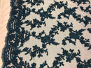 Beaded - Navy - Embroided Small Flower Fabric with Decorated Borders - Sold by The Yard