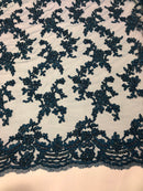 Beaded - Navy - Embroided Small Flower Fabric with Decorated Borders - Sold by The Yard