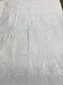 Lace Fabric - White - Fancy Damask Pattern Sequins Design Fashion Fabric