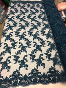 Beaded - Navy - Embroided Small Flower Fabric with Decorated Borders - Sold by The Yard