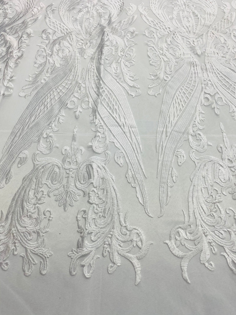 Lace Fabric - White - Fancy Damask Pattern Sequins Design Fashion Fabric