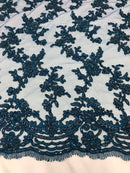 Beaded - Navy - Embroided Small Flower Fabric with Decorated Borders - Sold by The Yard