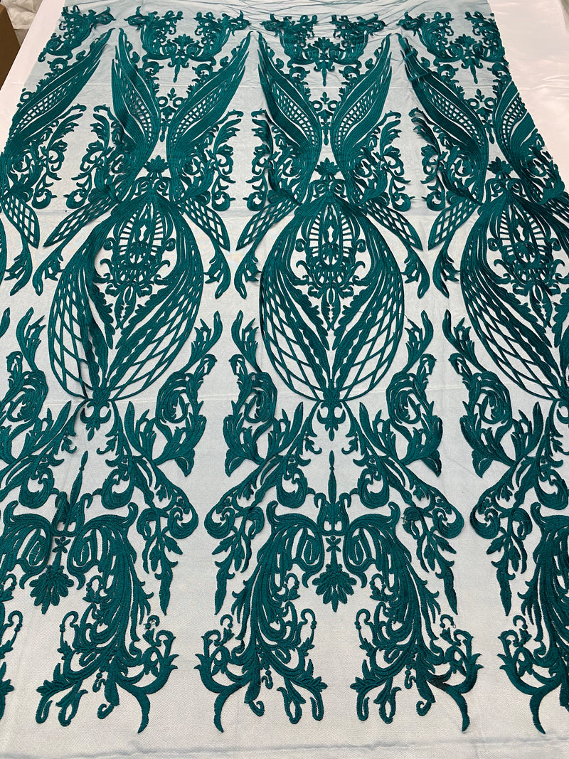 Lace Fabric - Teal - Fancy Damask Pattern Sequins Design Fashion Fabric