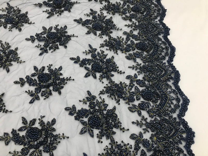 Navy Blue Hand Beaded Embroidered Floral Fabric Lace Bridal Wedding Designs By The Yard