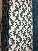 Beaded - Navy - Embroided Small Flower Fabric with Decorated Borders - Sold by The Yard