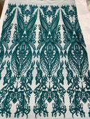 Lace Fabric - Teal - Fancy Damask Pattern Sequins Design Fashion Fabric