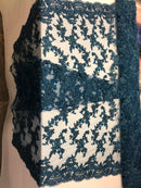 Beaded - Navy - Embroided Small Flower Fabric with Decorated Borders - Sold by The Yard