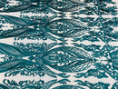 Lace Fabric - Teal - Fancy Damask Pattern Sequins Design Fashion Fabric